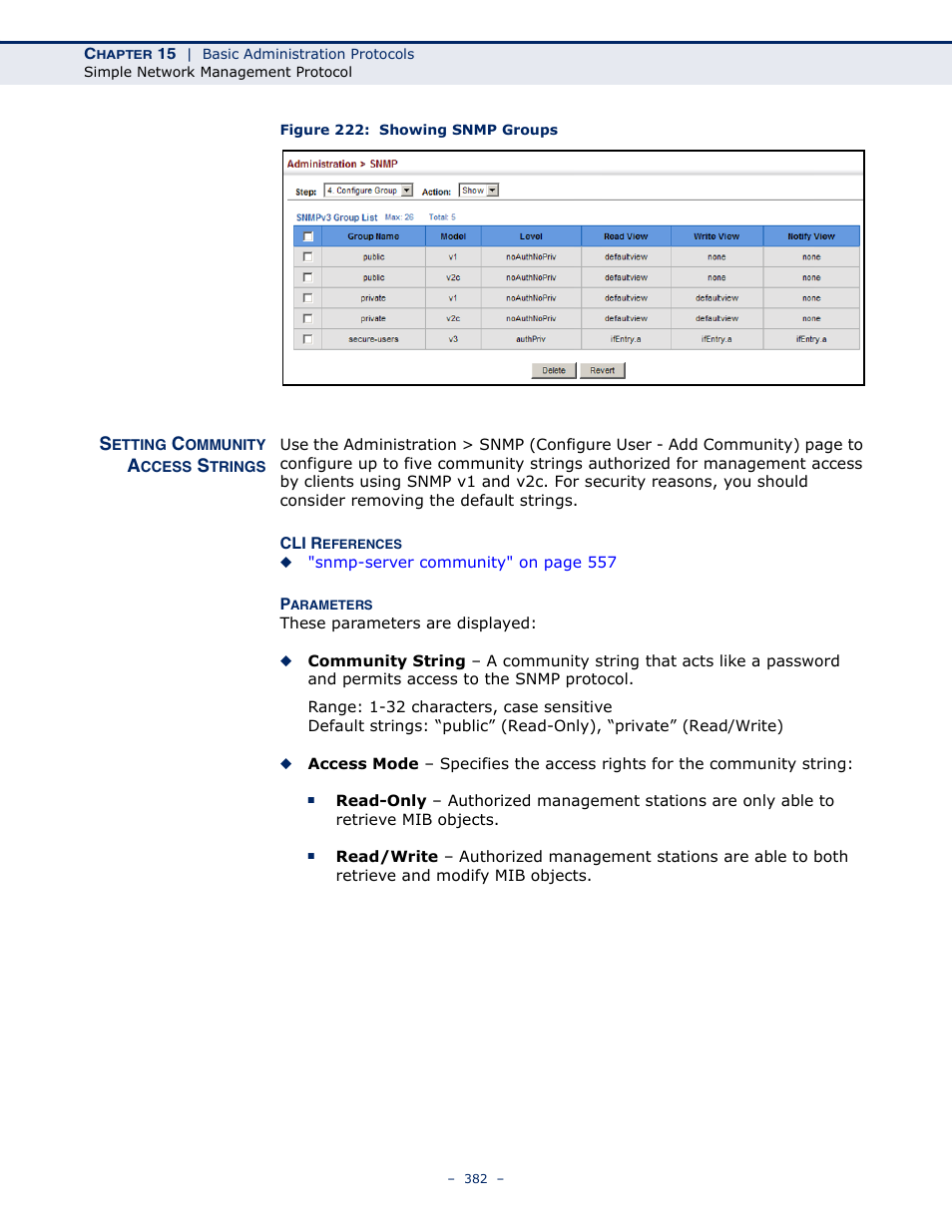 Setting community access strings, Figure 222: showing snmp groups | Microsens MS453490M Management Guide User Manual | Page 382 / 984