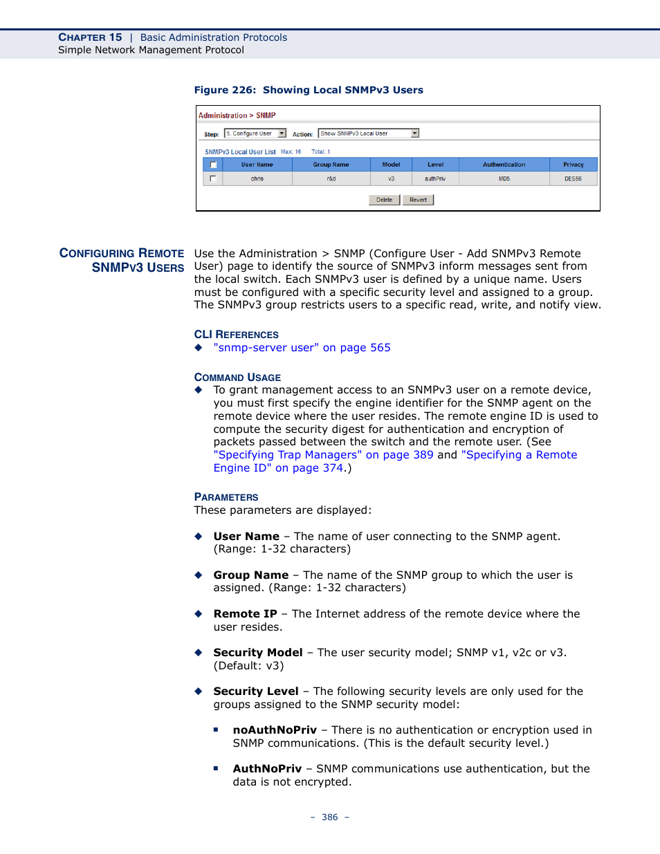 Configuring remote snmpv3 users, Figure 226: showing local snmpv3 users, Configuring | Microsens MS453490M Management Guide User Manual | Page 386 / 984