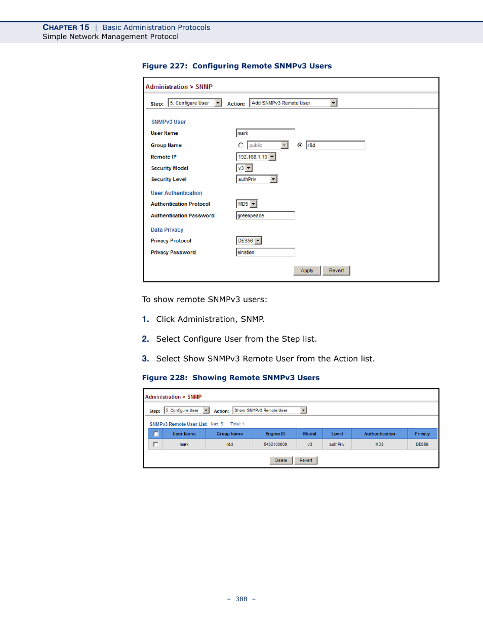 Figure 227: configuring remote snmpv3 users, Figure 228: showing remote snmpv3 users | Microsens MS453490M Management Guide User Manual | Page 388 / 984