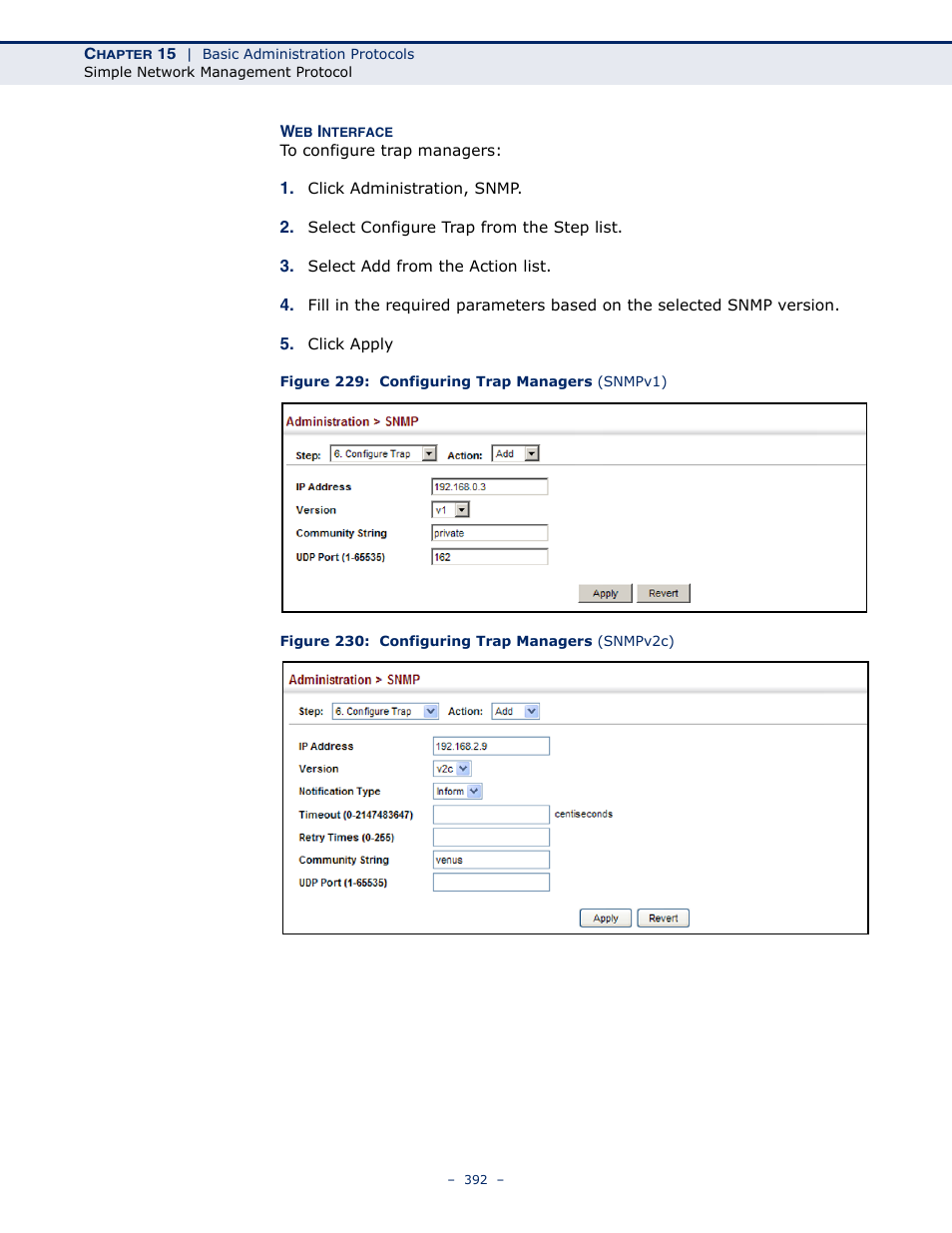 Figure 229: configuring trap managers (snmpv1), Figure 230: configuring trap managers (snmpv2c) | Microsens MS453490M Management Guide User Manual | Page 392 / 984