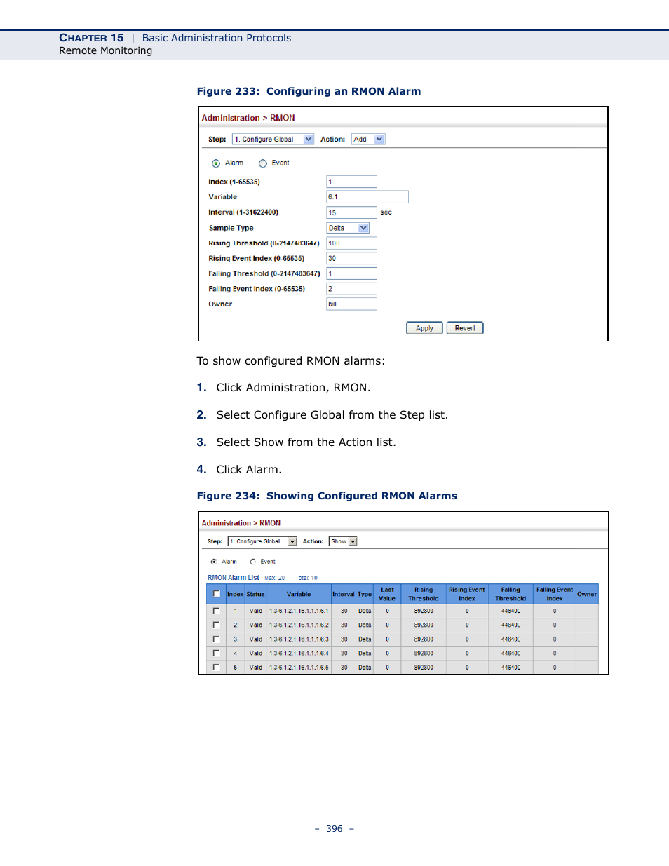 Figure 233: configuring an rmon alarm, Figure 234: showing configured rmon alarms | Microsens MS453490M Management Guide User Manual | Page 396 / 984