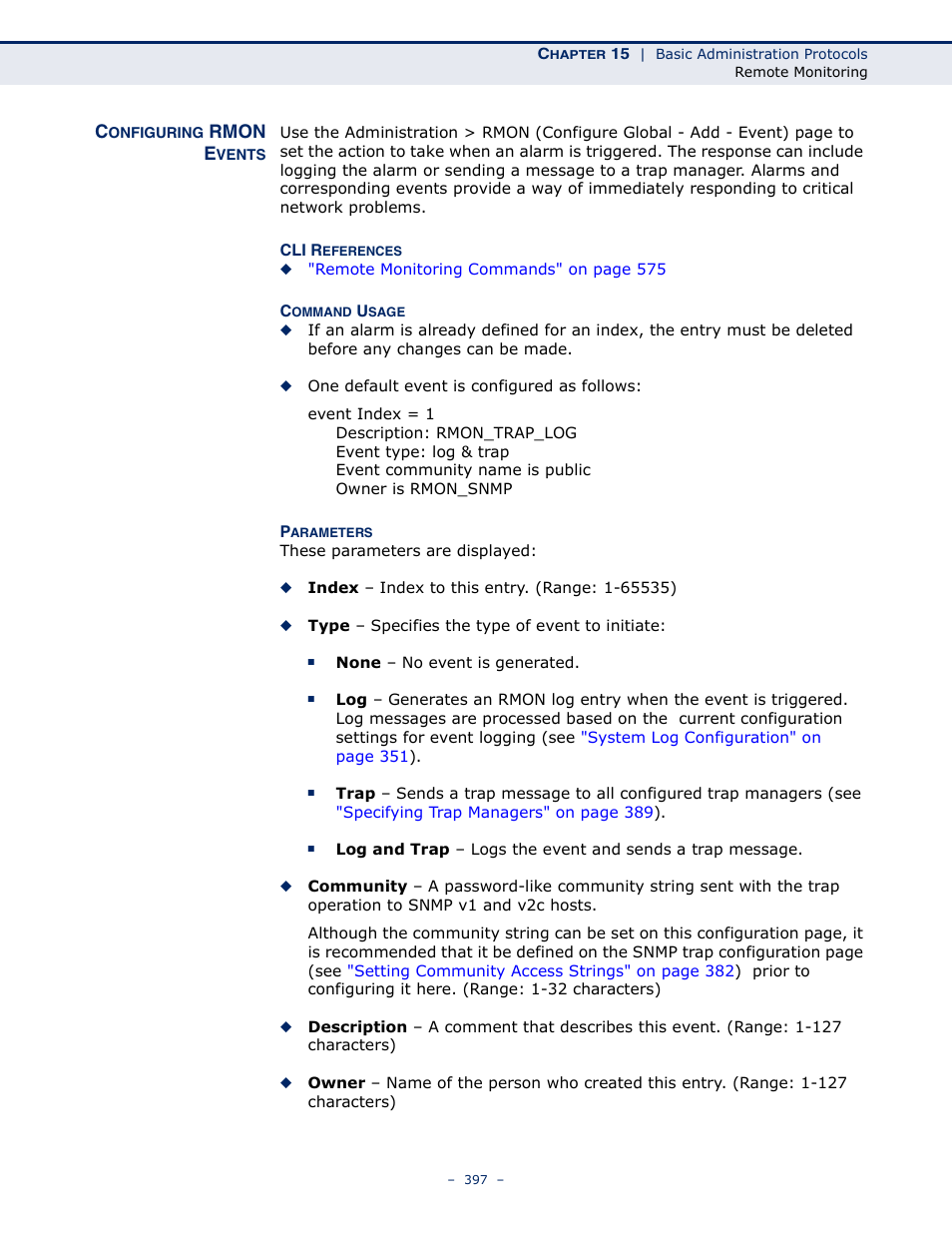 Configuring rmon events, Rmon e | Microsens MS453490M Management Guide User Manual | Page 397 / 984