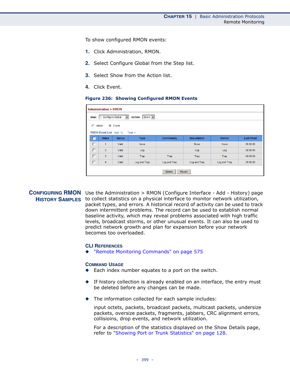 Configuring rmon history samples, Figure 236: showing configured rmon events | Microsens MS453490M Management Guide User Manual | Page 399 / 984