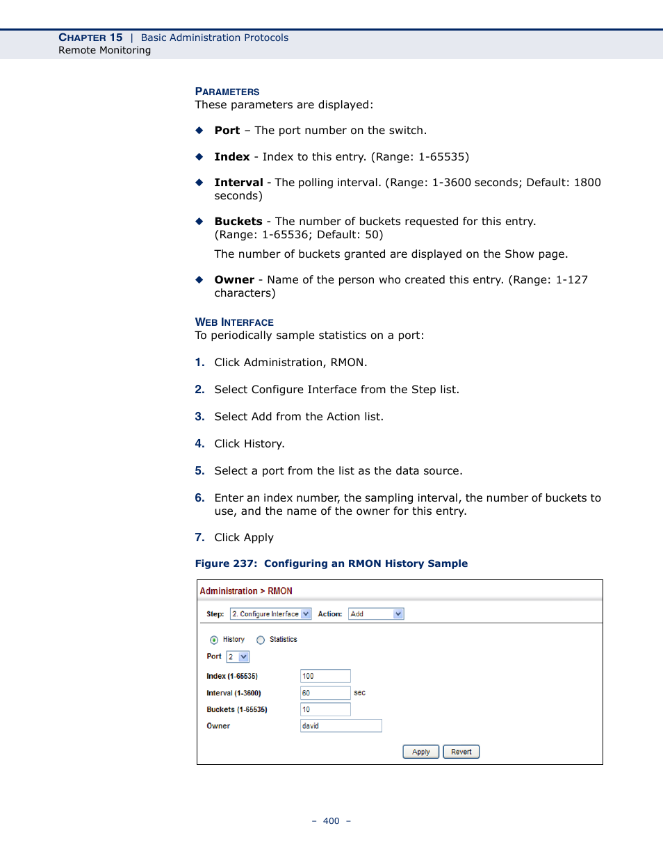 Figure 237: configuring an rmon history sample | Microsens MS453490M Management Guide User Manual | Page 400 / 984