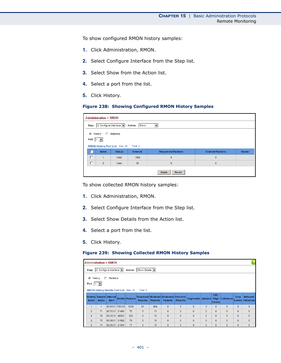 Figure 239: showing collected rmon history samples | Microsens MS453490M Management Guide User Manual | Page 401 / 984