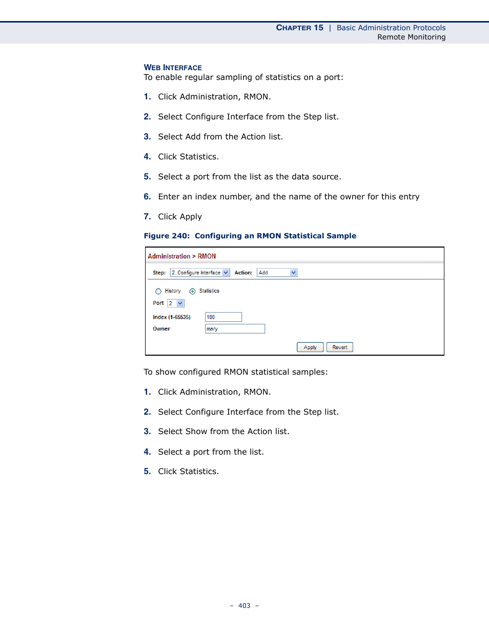 Figure 240: configuring an rmon statistical sample | Microsens MS453490M Management Guide User Manual | Page 403 / 984