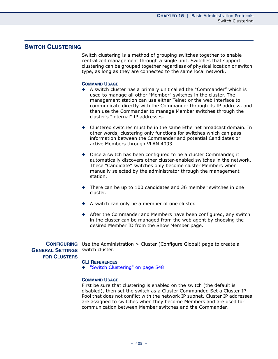 Switch clustering, Configuring general settings for clusters | Microsens MS453490M Management Guide User Manual | Page 405 / 984