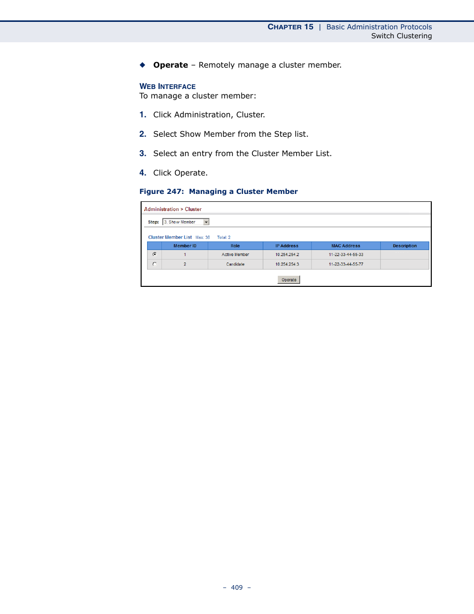 Figure 247: managing a cluster member | Microsens MS453490M Management Guide User Manual | Page 409 / 984