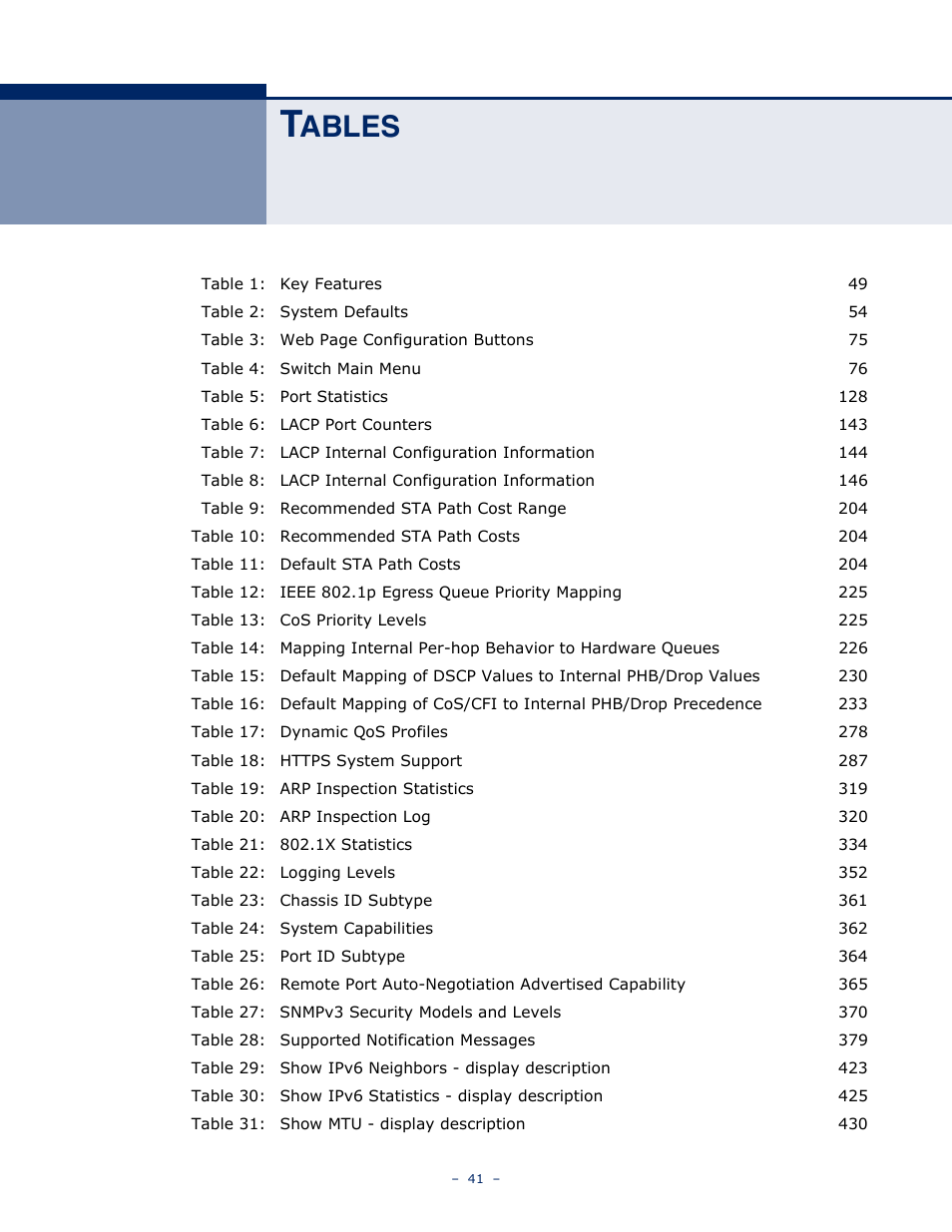 Tables, Ables | Microsens MS453490M Management Guide User Manual | Page 41 / 984