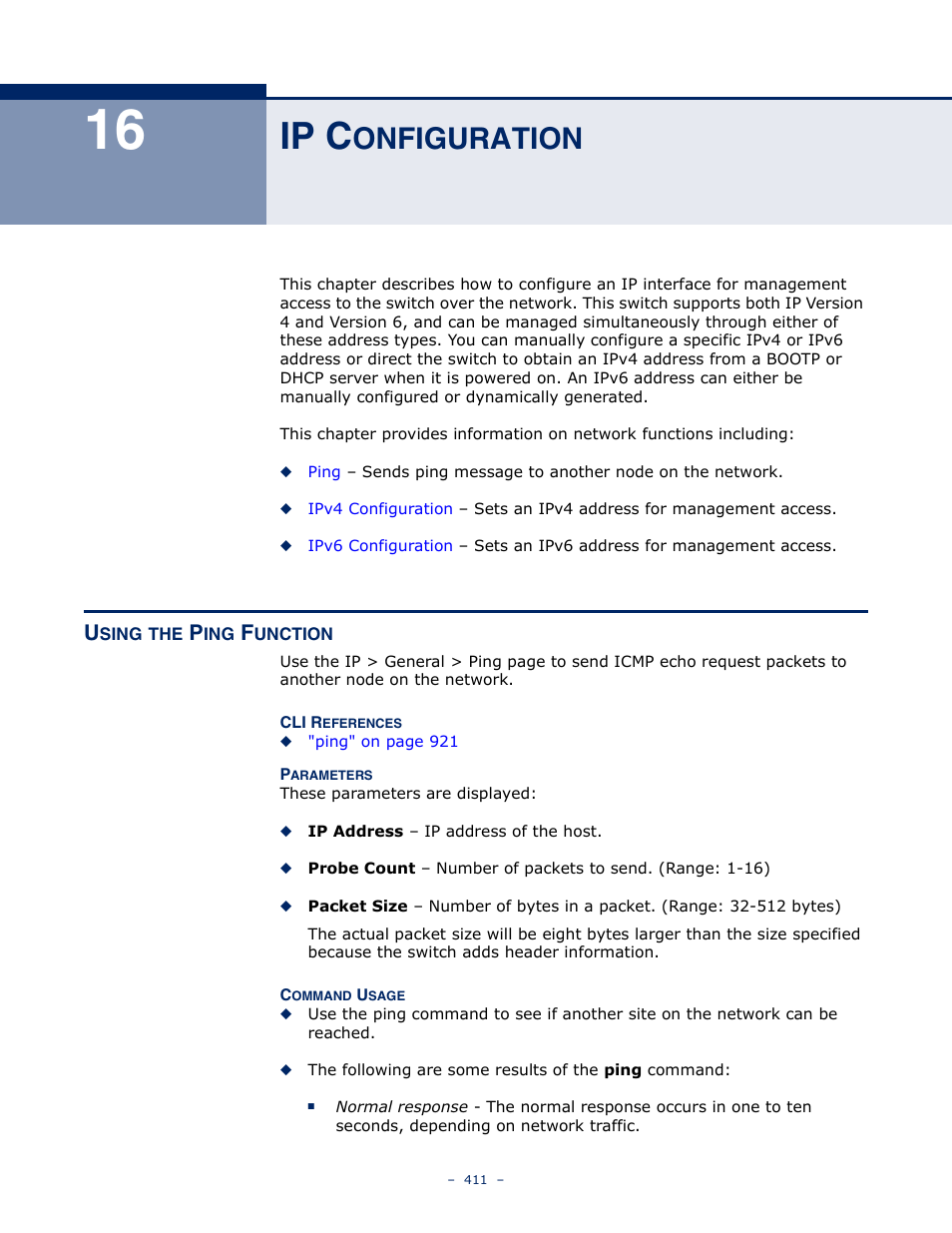 Ip configuration, Using the ping function, 16 ip c | Onfiguration, Ip c | Microsens MS453490M Management Guide User Manual | Page 411 / 984