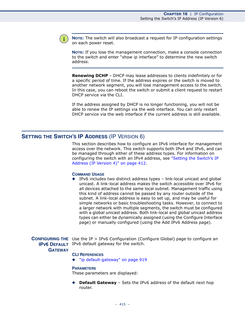 Setting the switch’s ip address (ip version 6), Configuring the ipv6 default gateway, Setting the switch’s ip address | Ipv6 configuration, Ip a, Ip v | Microsens MS453490M Management Guide User Manual | Page 415 / 984