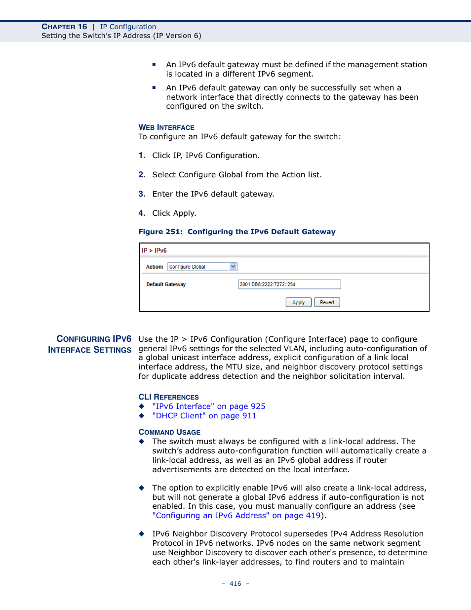 Configuring ipv6 interface settings, Figure 251: configuring the ipv6 default gateway | Microsens MS453490M Management Guide User Manual | Page 416 / 984