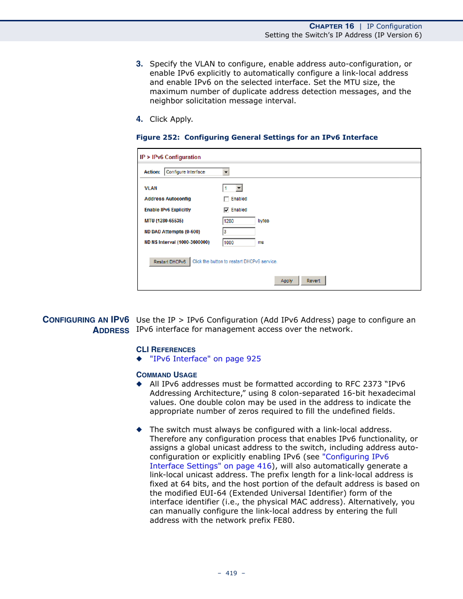 Configuring an ipv6 address | Microsens MS453490M Management Guide User Manual | Page 419 / 984