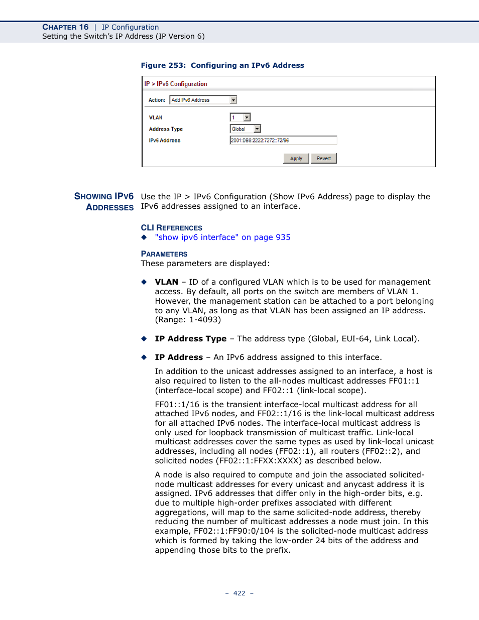 Showing ipv6 addresses, Figure 253: configuring an ipv6 address | Microsens MS453490M Management Guide User Manual | Page 422 / 984