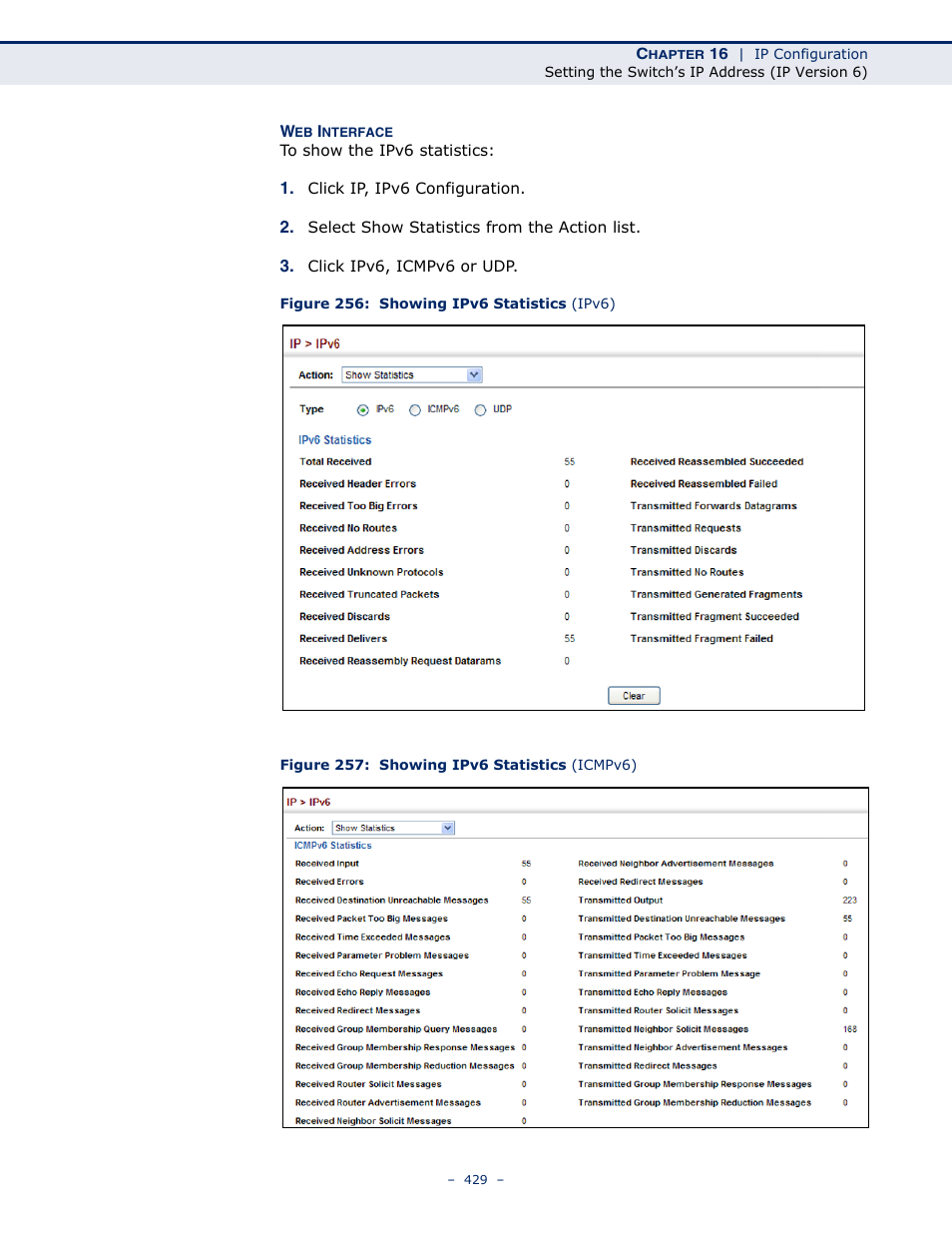 Figure 256: showing ipv6 statistics (ipv6), Figure 257: showing ipv6 statistics (icmpv6) | Microsens MS453490M Management Guide User Manual | Page 429 / 984