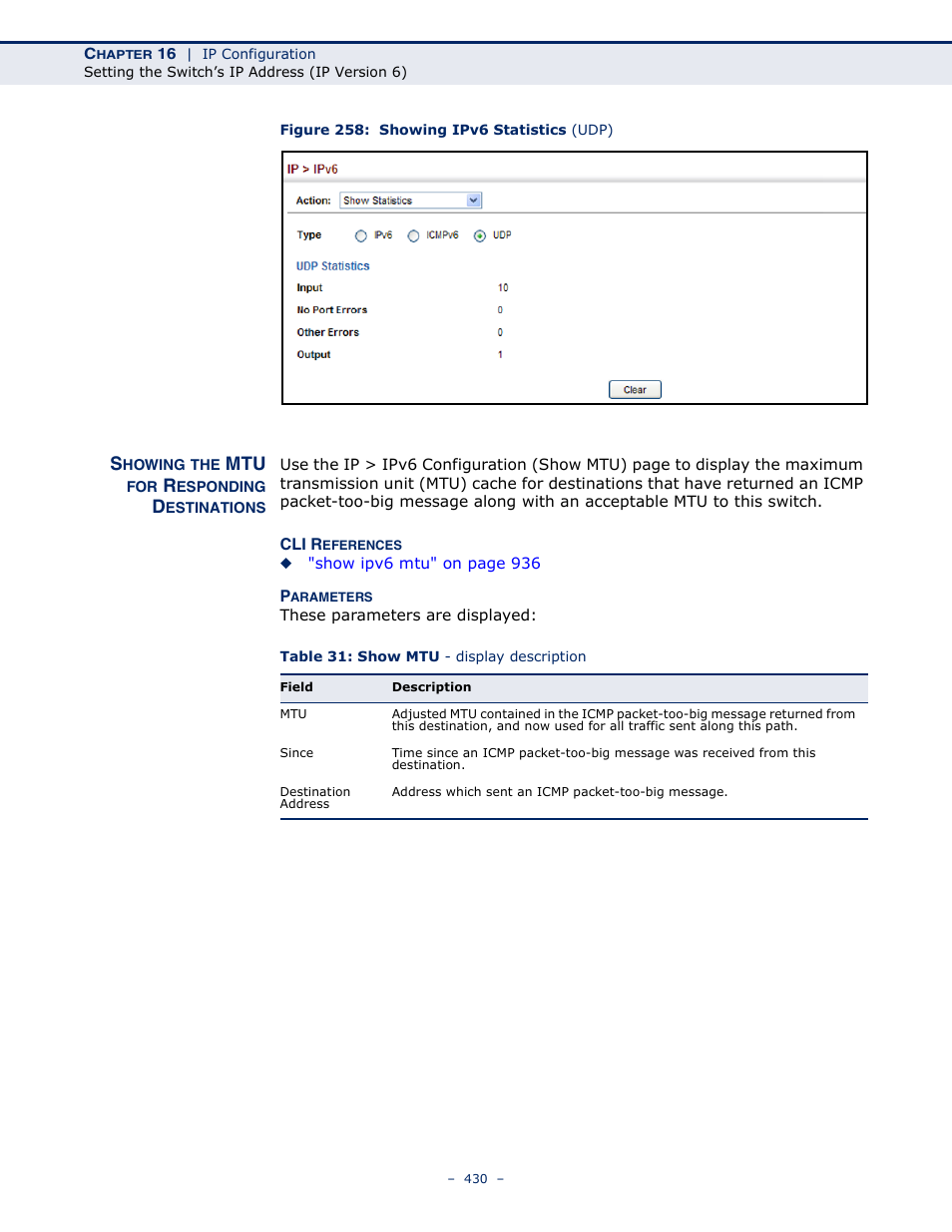 Showing the mtu for responding destinations, Figure 258: showing ipv6 statistics (udp), Table 31: show mtu - display description | Microsens MS453490M Management Guide User Manual | Page 430 / 984