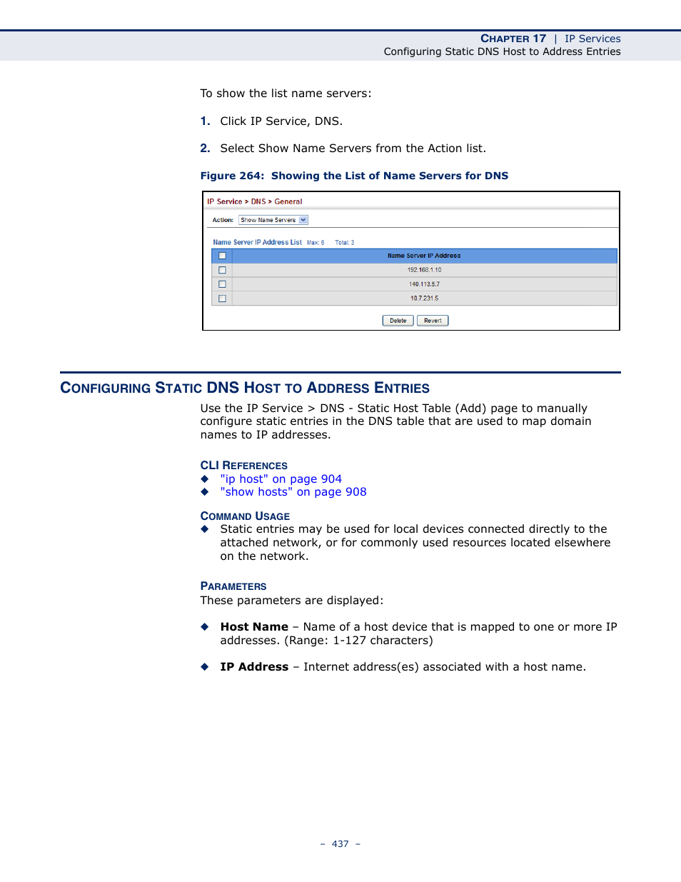 Configuring static dns host to address entries, Dns h | Microsens MS453490M Management Guide User Manual | Page 437 / 984