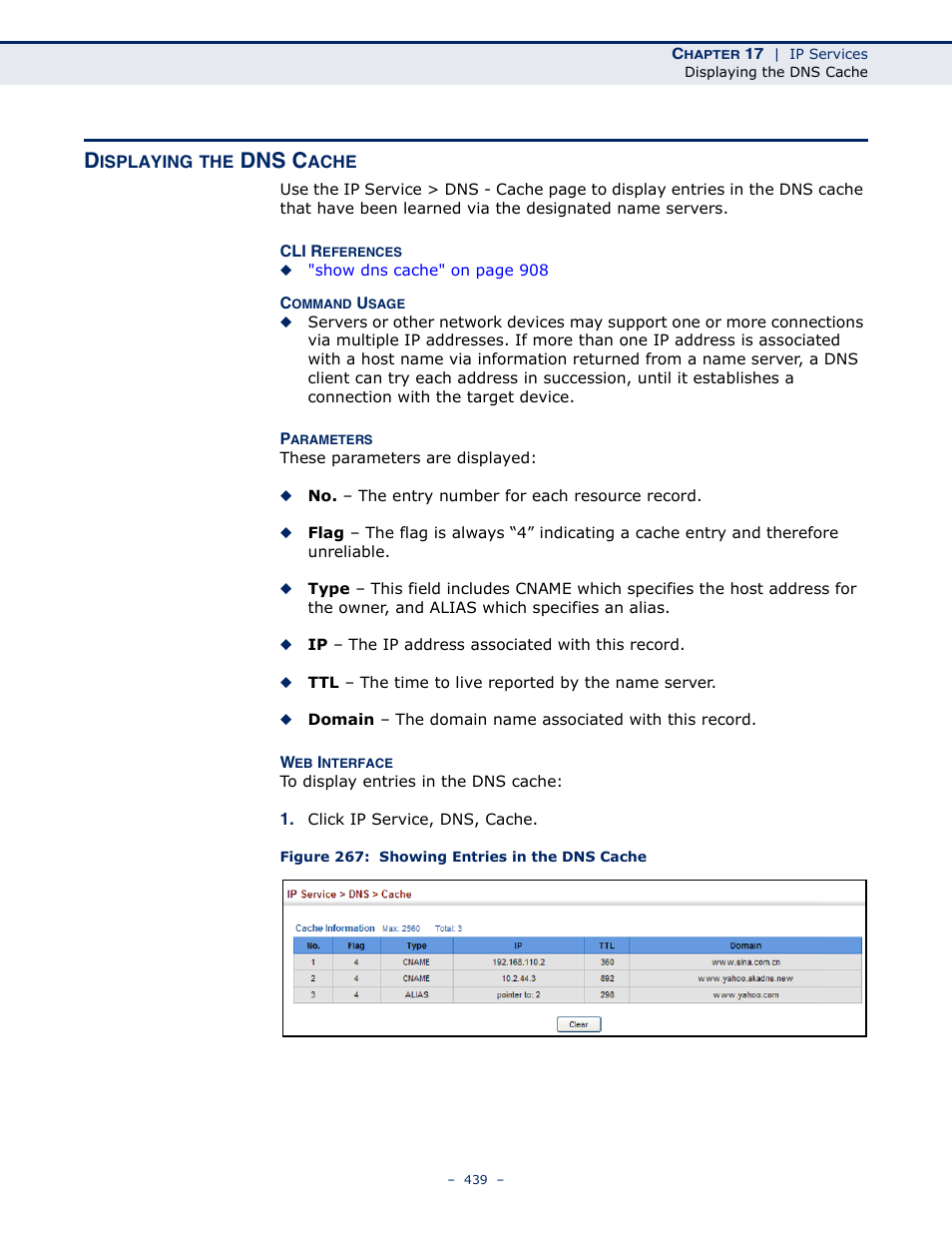 Displaying the dns cache, Figure 267: showing entries in the dns cache, Dns c | Microsens MS453490M Management Guide User Manual | Page 439 / 984