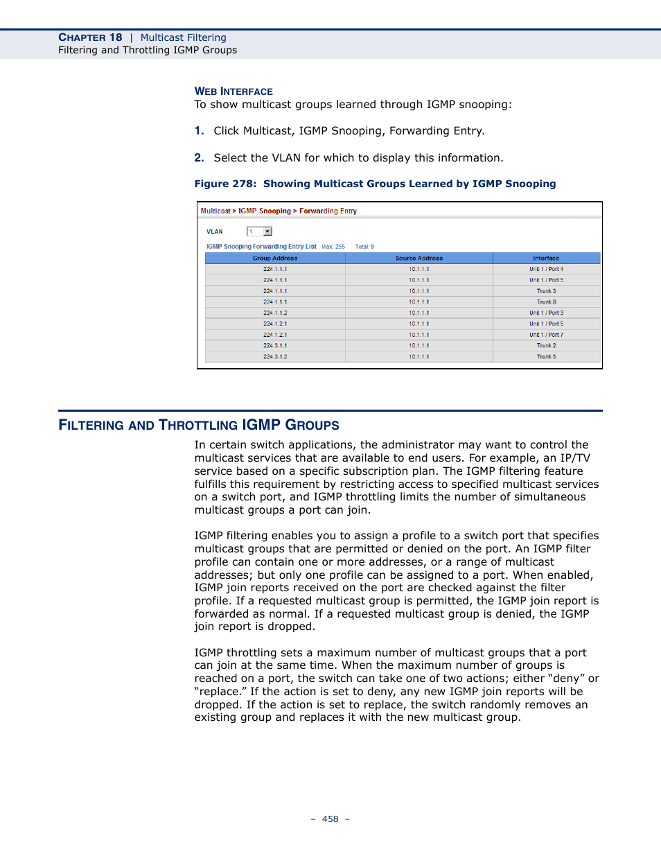 Filtering and throttling igmp groups, Filtering and throttling, Igmp g | Microsens MS453490M Management Guide User Manual | Page 458 / 984