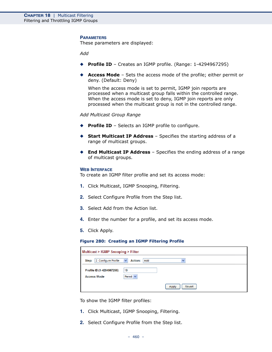 Figure 280: creating an igmp filtering profile | Microsens MS453490M Management Guide User Manual | Page 460 / 984