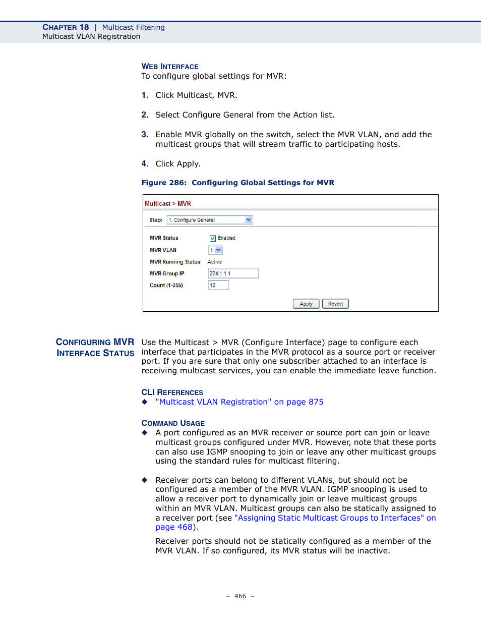 Configuring mvr interface status, Figure 286: configuring global settings for mvr, Configuring mvr | Microsens MS453490M Management Guide User Manual | Page 466 / 984