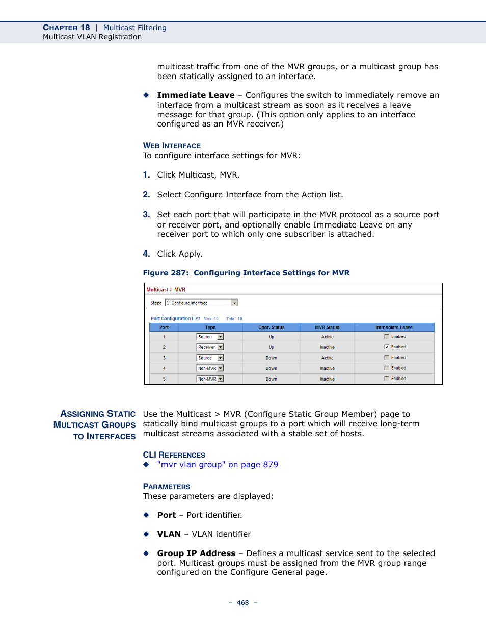 Assigning static multicast groups to interfaces, Figure 287: configuring interface settings for mvr, Assigning static multicast | Microsens MS453490M Management Guide User Manual | Page 468 / 984