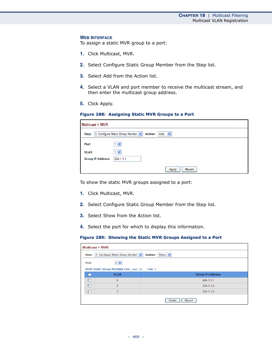Figure 288: assigning static mvr groups to a port | Microsens MS453490M Management Guide User Manual | Page 469 / 984