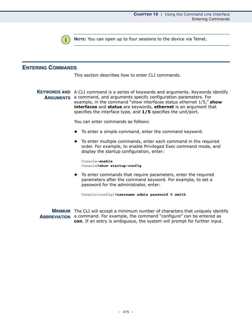 Entering commands, Keywords and arguments, Minimum abbreviation | Microsens MS453490M Management Guide User Manual | Page 475 / 984