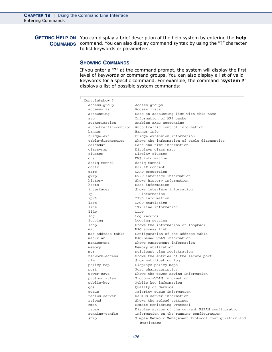 Getting help on commands | Microsens MS453490M Management Guide User Manual | Page 476 / 984