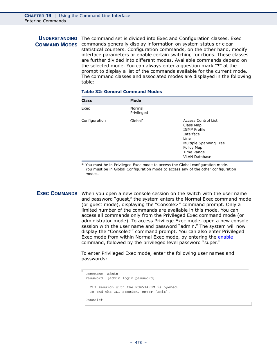 Understanding command modes, Exec commands, Table 32: general command modes | Microsens MS453490M Management Guide User Manual | Page 478 / 984