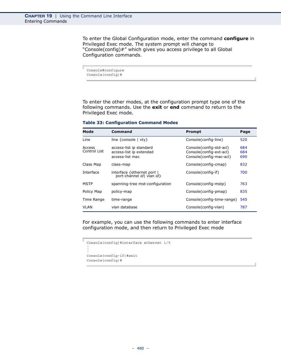 Table 33: configuration command modes | Microsens MS453490M Management Guide User Manual | Page 480 / 984