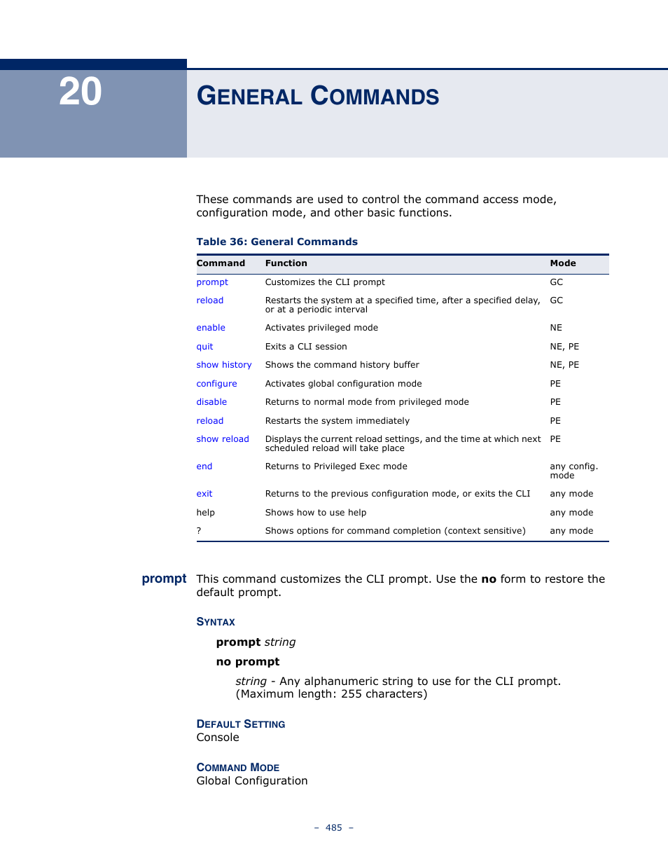 General commands, 20 g, Eneral | Ommands, Prompt 485, Table 36: general commands, Prompt | Microsens MS453490M Management Guide User Manual | Page 485 / 984