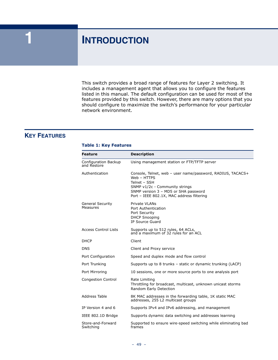 Introduction, Key features, Ntroduction | Table 1: key features | Microsens MS453490M Management Guide User Manual | Page 49 / 984