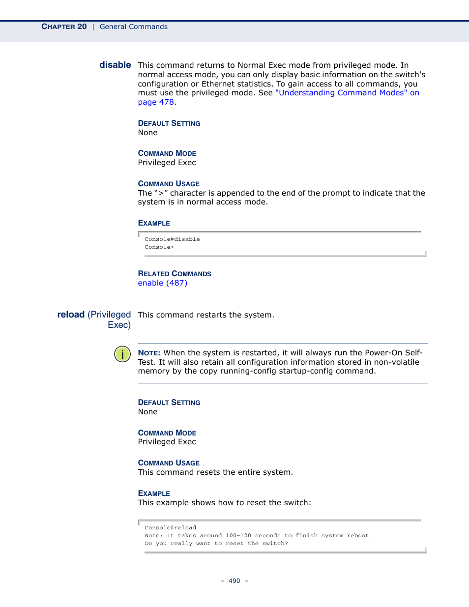 Disable 490 reload (privileged exec), Disable, Reload | Microsens MS453490M Management Guide User Manual | Page 490 / 984