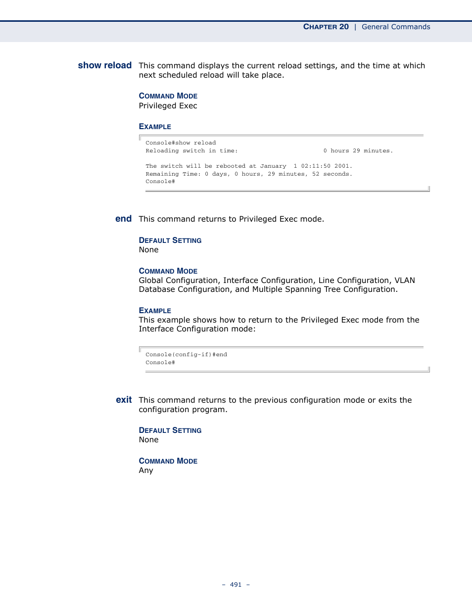 Show reload, End 491 exit 491, Exit | End (491) | Microsens MS453490M Management Guide User Manual | Page 491 / 984