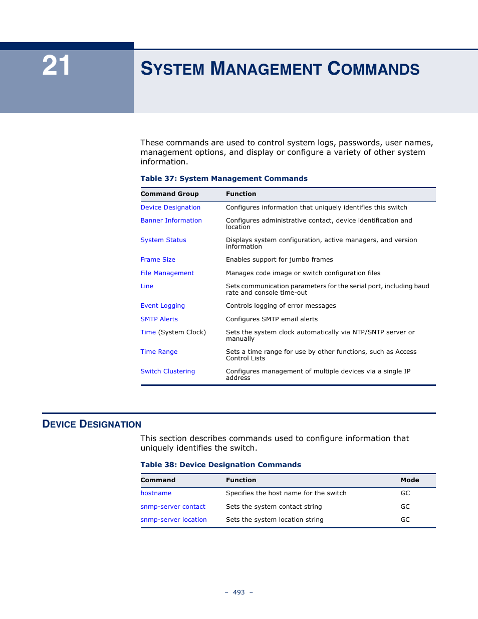 System management commands, Device designation, 21 s | Ystem, Anagement, Ommands, Table 37: system management commands, Table 38: device designation commands | Microsens MS453490M Management Guide User Manual | Page 493 / 984