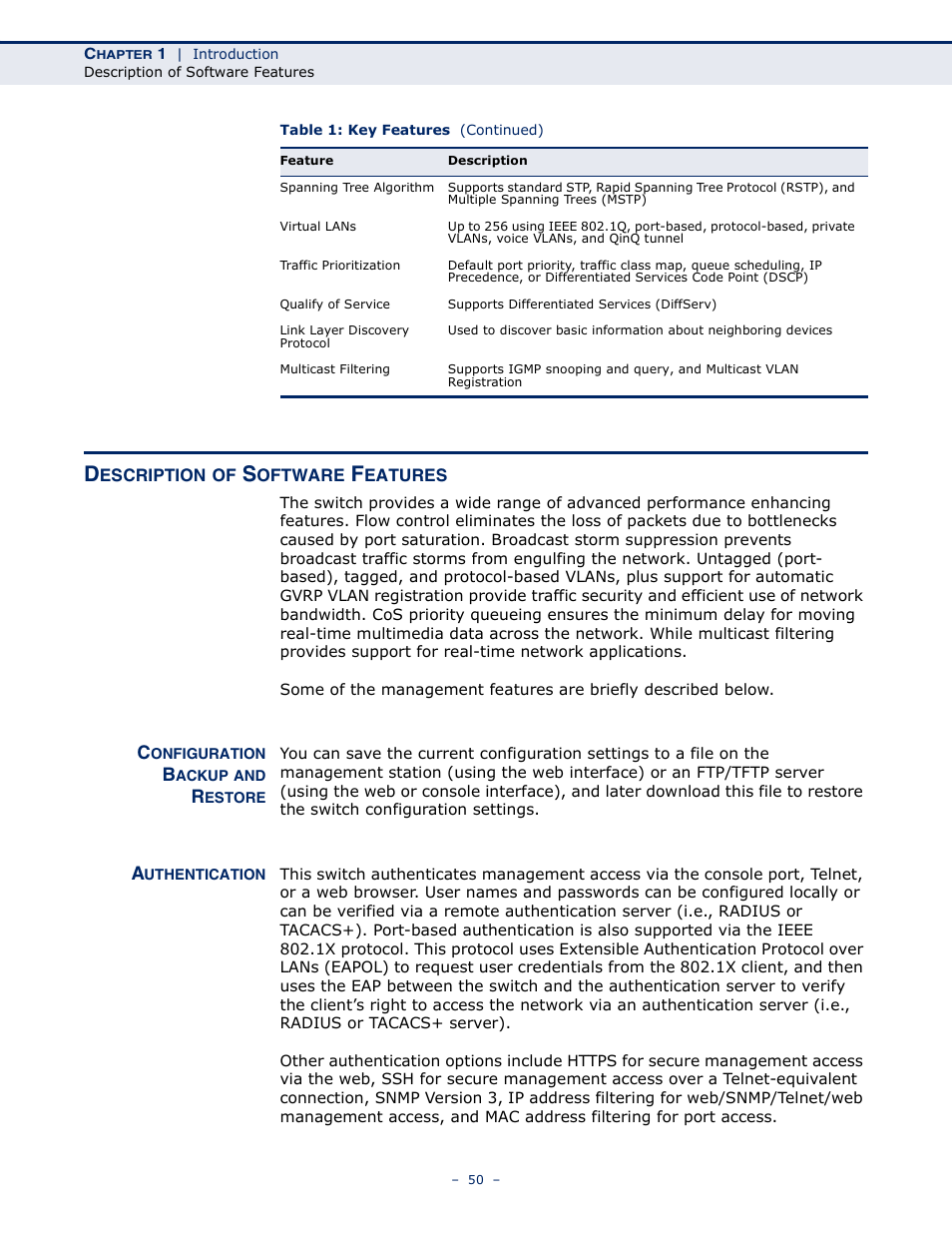 Description of software features, Configuration backup and restore, Authentication | Authentication 50 | Microsens MS453490M Management Guide User Manual | Page 50 / 984