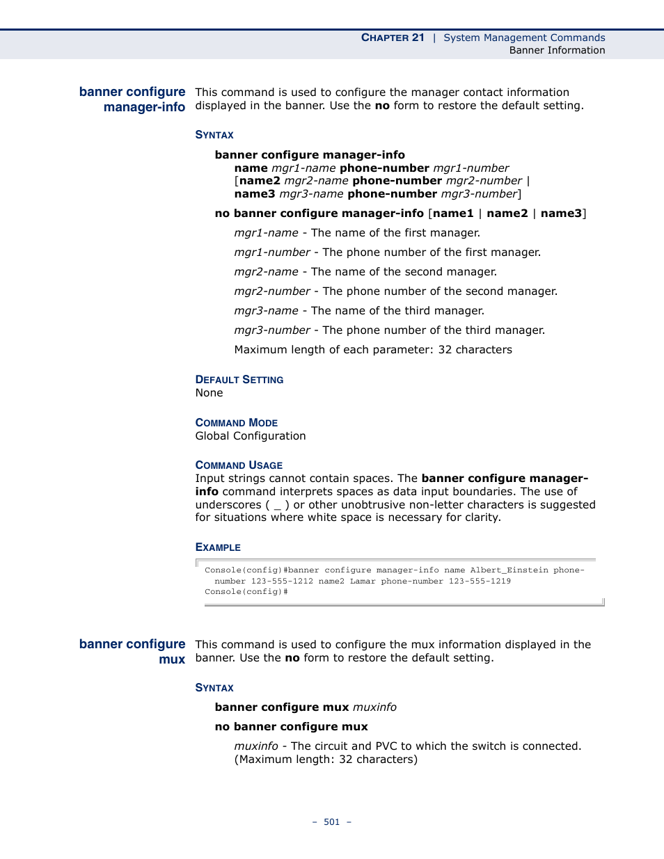 Banner configure manager-info, Banner configure mux, Banner configure | Manager-info | Microsens MS453490M Management Guide User Manual | Page 501 / 984
