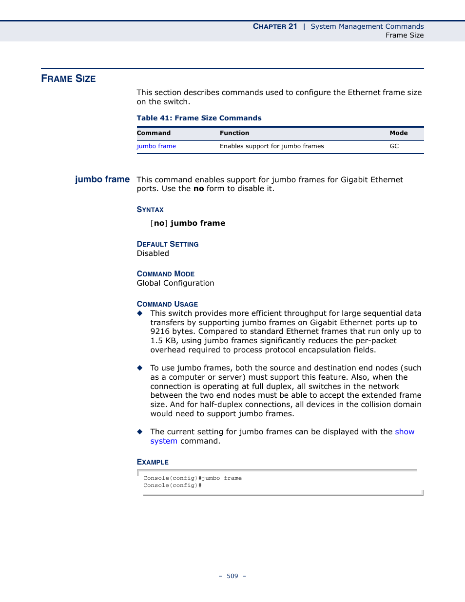 Frame size, Jumbo frame, Table 41: frame size commands | Microsens MS453490M Management Guide User Manual | Page 509 / 984
