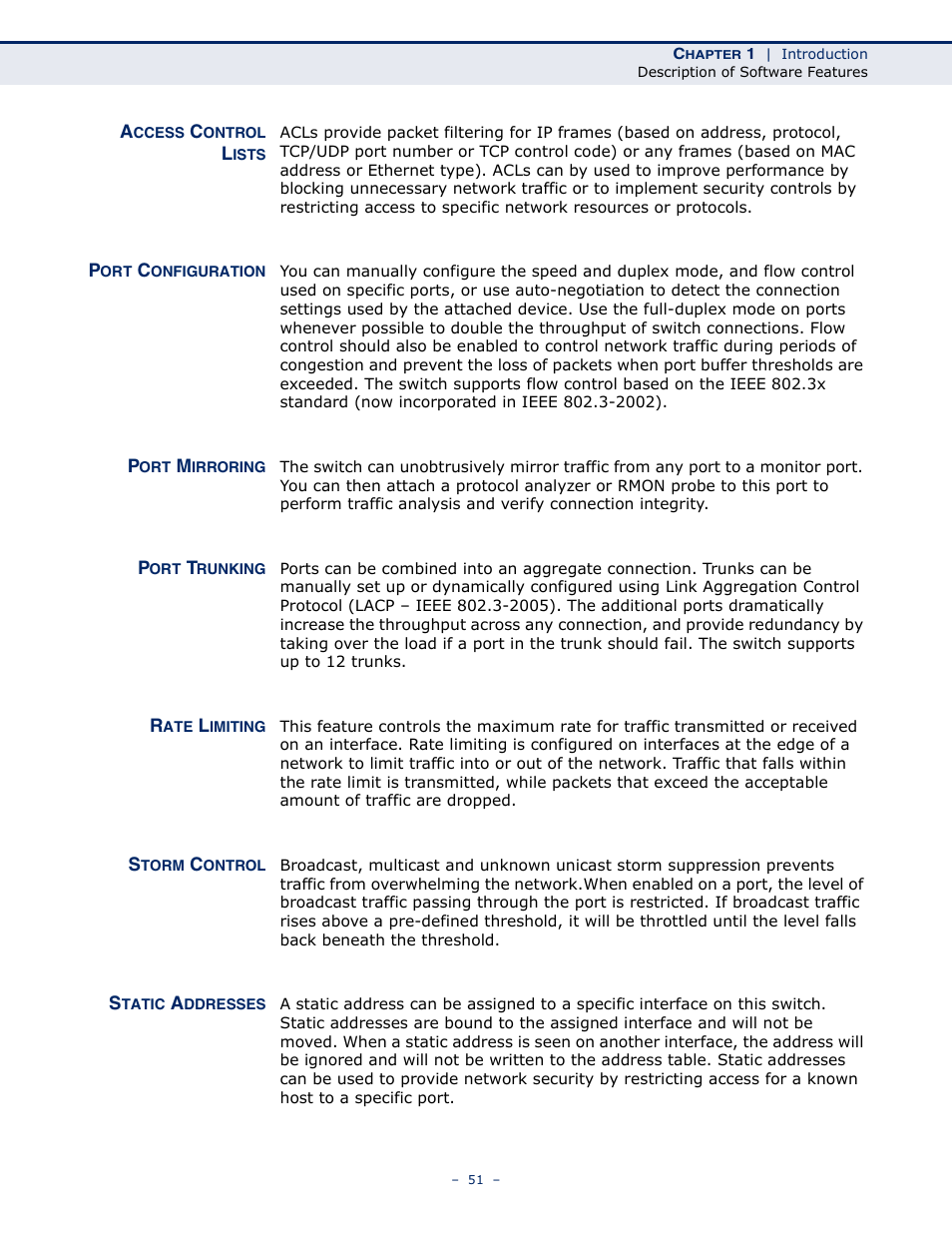 Access control lists, Port configuration, Port mirroring | Port trunking, Rate limiting, Storm control, Static addresses | Microsens MS453490M Management Guide User Manual | Page 51 / 984