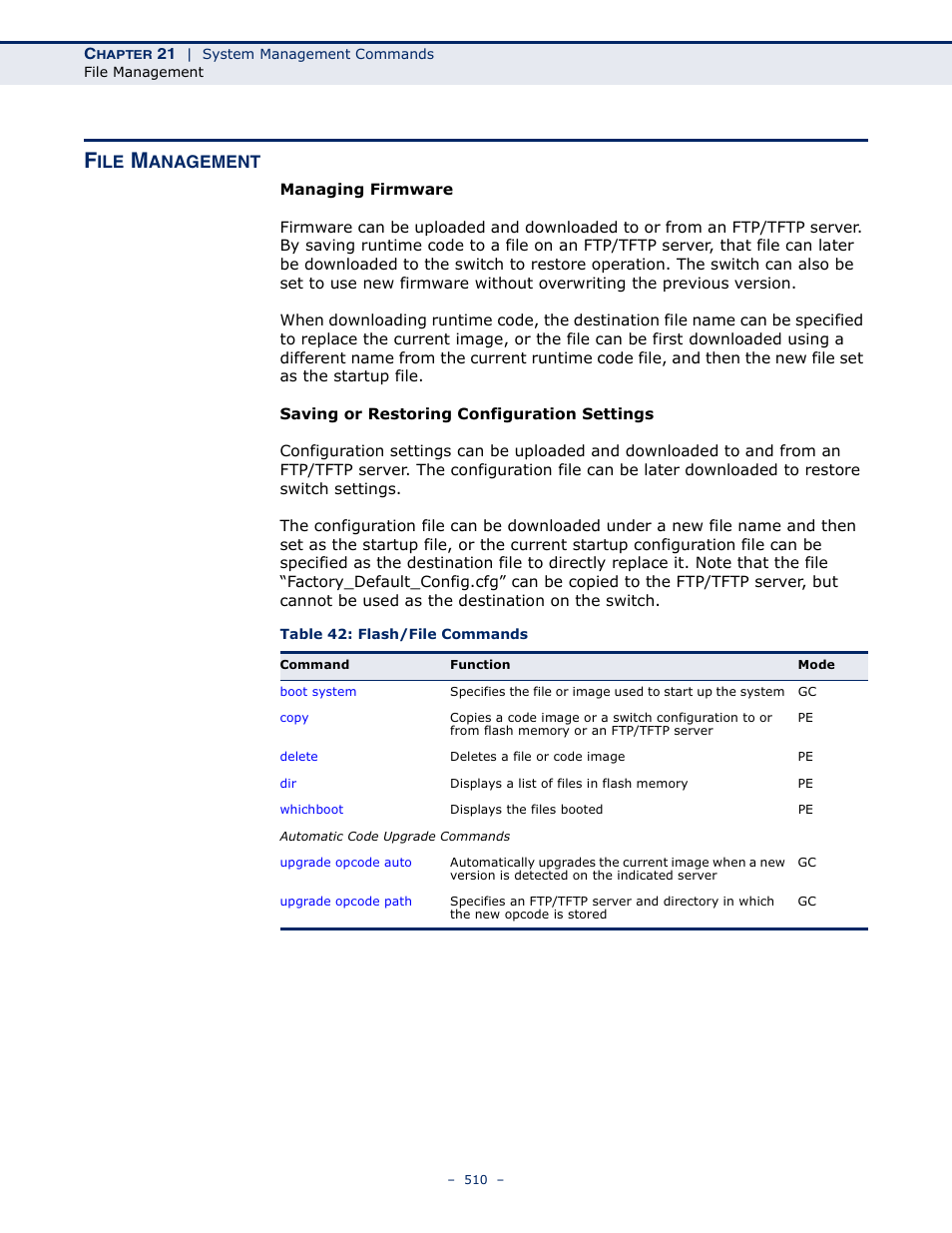 File management, Table 42: flash/file commands, Anagement | Microsens MS453490M Management Guide User Manual | Page 510 / 984