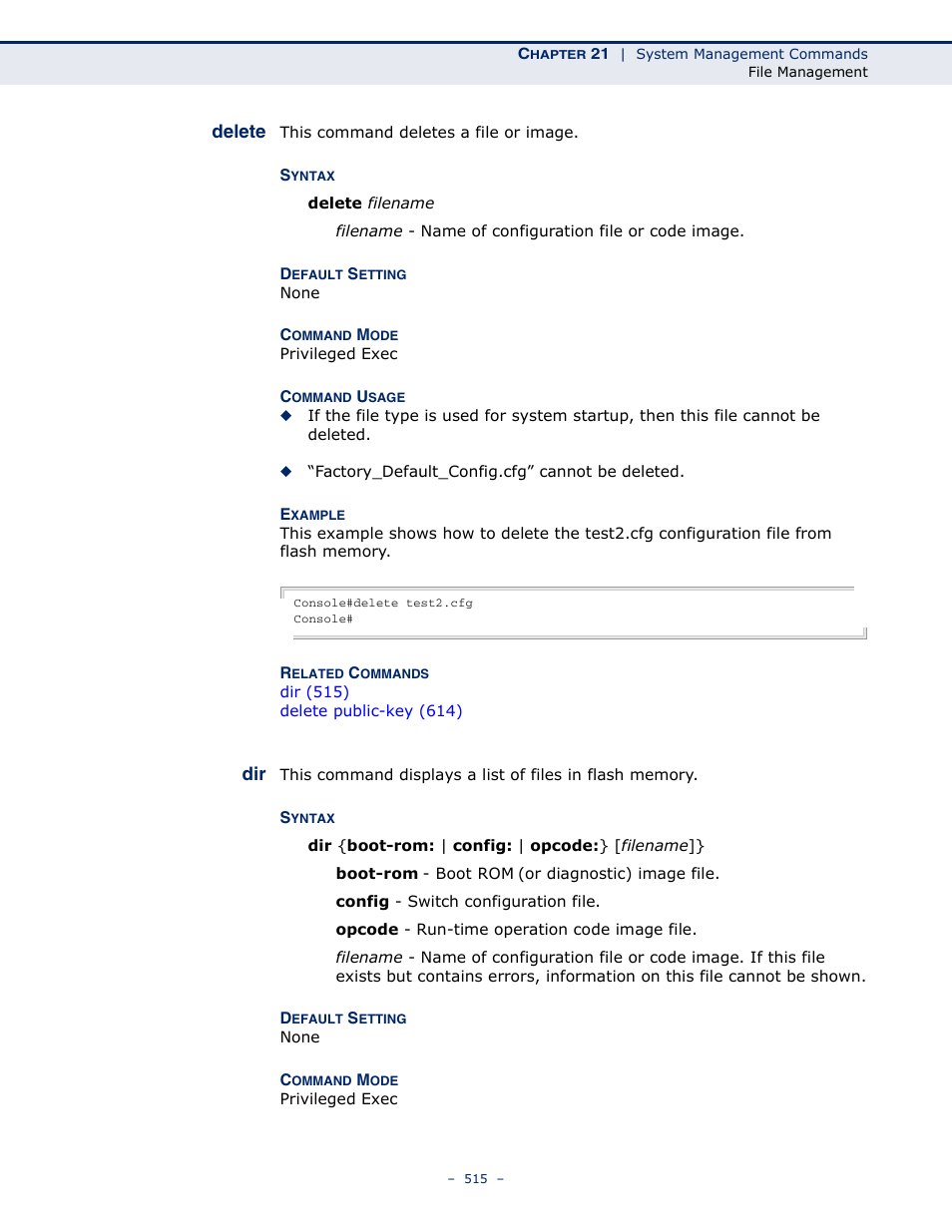 Delete 515 dir 515, Delete | Microsens MS453490M Management Guide User Manual | Page 515 / 984