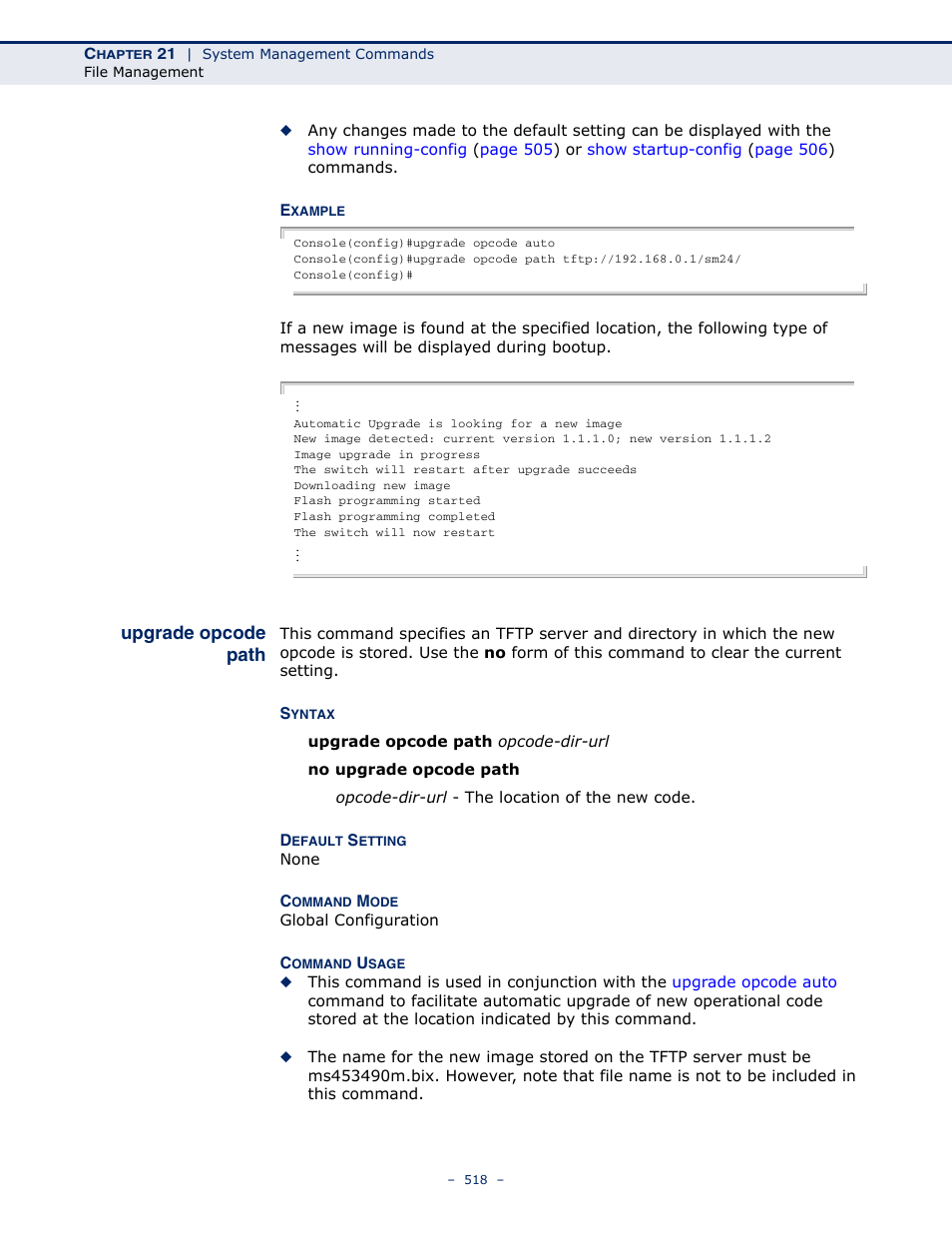 Upgrade opcode path, Upgrade opcode, Path | Microsens MS453490M Management Guide User Manual | Page 518 / 984