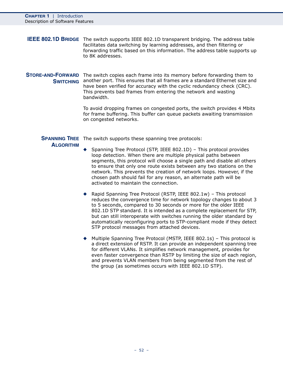 Ieee 802.1d bridge, Store-and-forward switching, Spanning tree algorithm | Microsens MS453490M Management Guide User Manual | Page 52 / 984