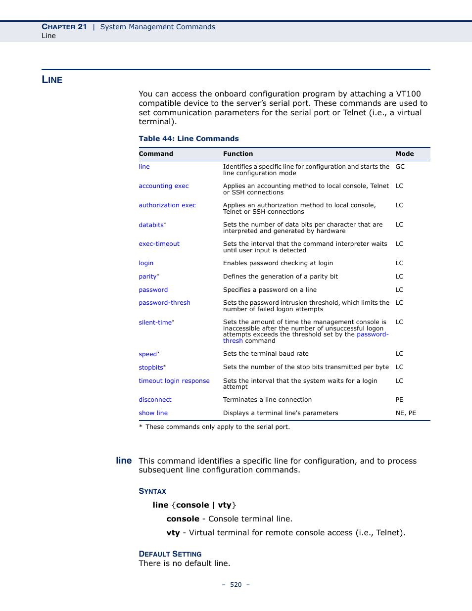 Line, Line 520, Table 44: line commands | Microsens MS453490M Management Guide User Manual | Page 520 / 984