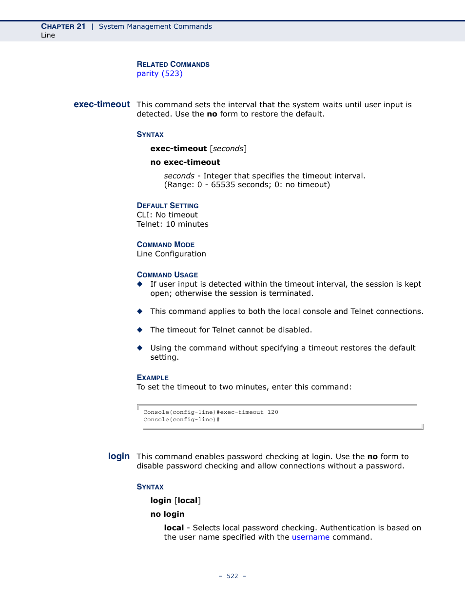 Exec-timeout 522 login 522, Exec-timeout, Login | Microsens MS453490M Management Guide User Manual | Page 522 / 984