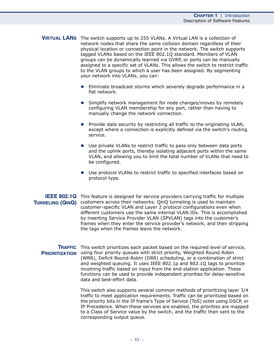 Virtual lans, Ieee 802.1q tunneling (qinq), Traffic prioritization | Microsens MS453490M Management Guide User Manual | Page 53 / 984