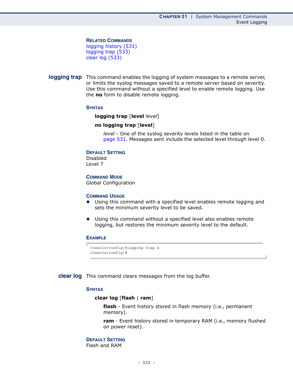 Logging trap, Clear log | Microsens MS453490M Management Guide User Manual | Page 533 / 984