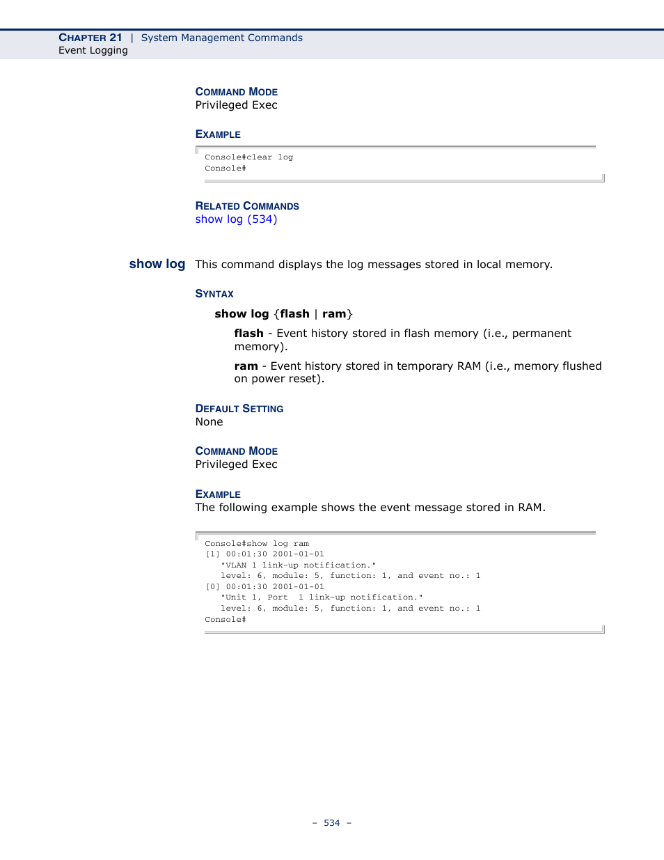 Show log | Microsens MS453490M Management Guide User Manual | Page 534 / 984