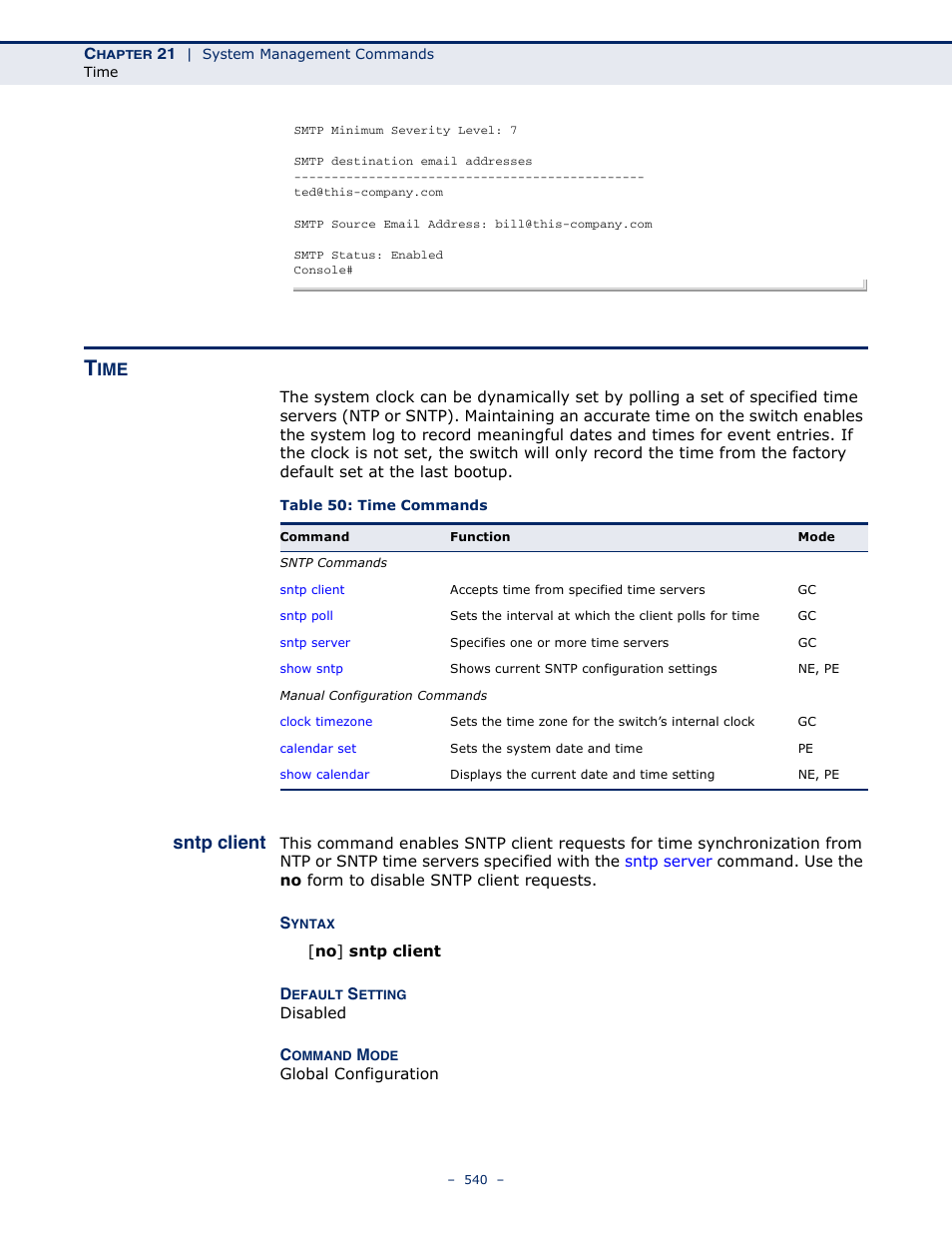 Time, Sntp client, Table 50: time commands | Microsens MS453490M Management Guide User Manual | Page 540 / 984